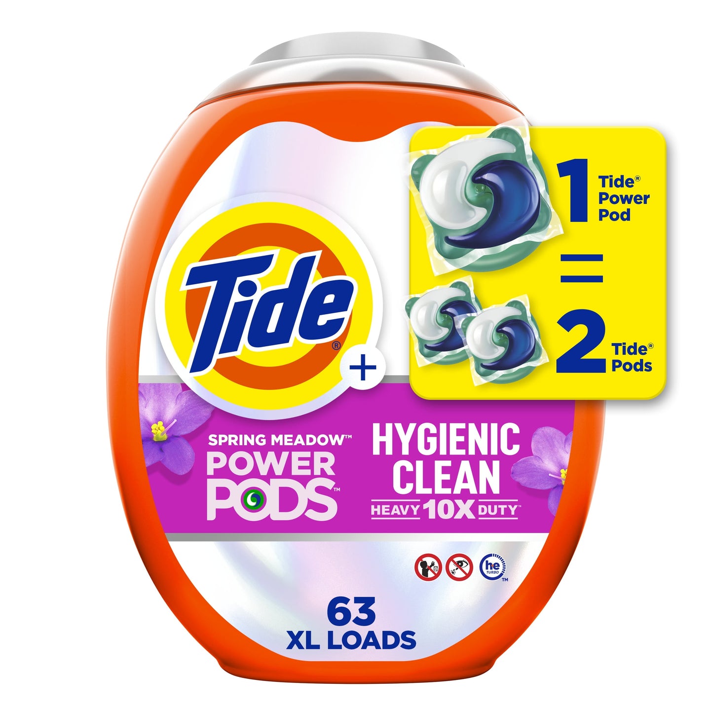 Tide Power Pods Laundry Detergent Soap Packs, Hygienic Clean, Spring Meadow, 63 Ct