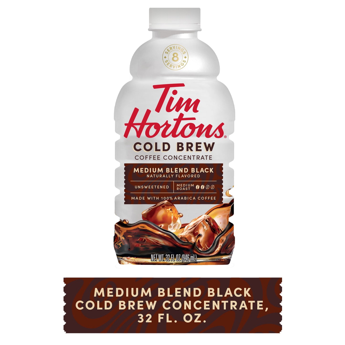 Tim Hortons Medium Blend Black Cold Brew Coffee Concentrate, 100% Arabica Medium Roast, 32 oz