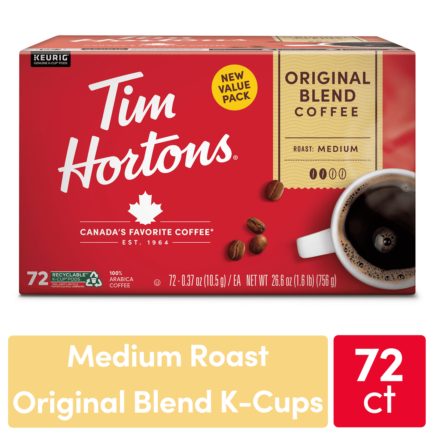 Tim Hortons Original Blend Medium Roast K-Cup Coffee Pods for Keurig Brewers, 72 Ct