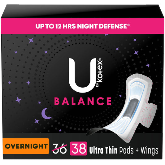 U by Kotex Balance Ultra Thin Overnight Pads with Wings, 38 Count