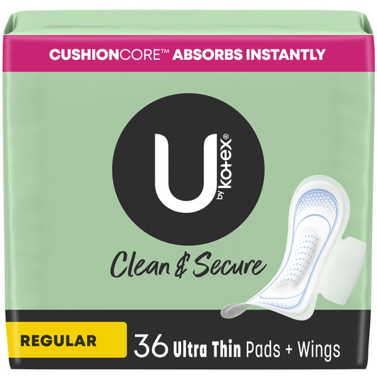 U by Kotex Clean & Secure Ultra Thin Pads with Wings, Regular Absorbency, 36 Count