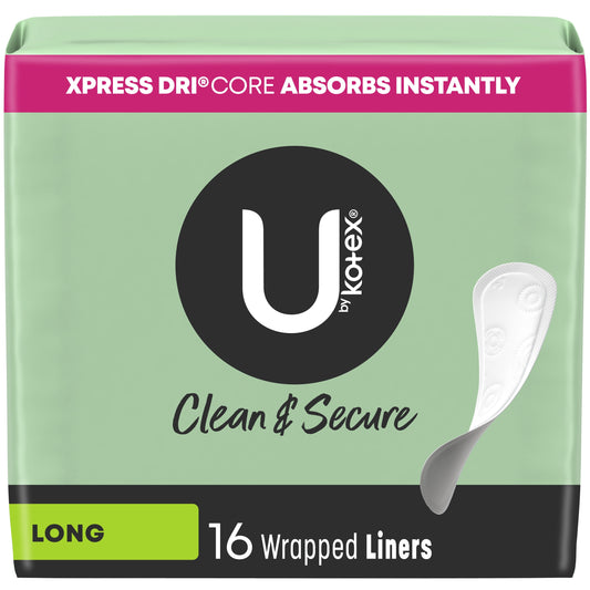 U by Kotex Clean & Secure Wrapped Panty Liners, Light Absorbency, Long Length, 16 Count