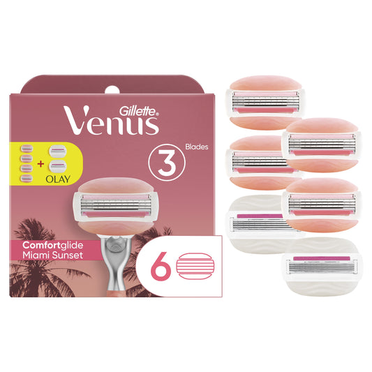 Venus Miami ComfortGlide Sunset 4 Count and ComfortGlide Plus Olay 2 Count, 6 Total Women’s Razor Blade Refills