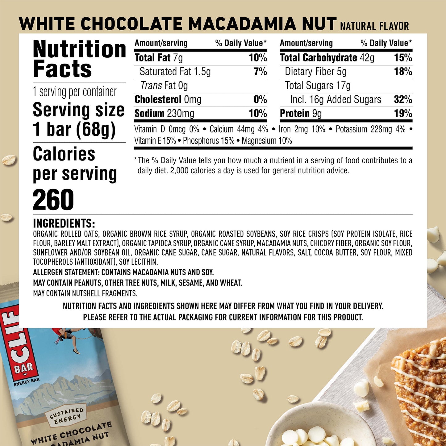 CLIF BAR - White Chocolate Macadamia Nut Flavor - Made with Organic Oats - 9g Protein - Non-GMO - Plant Based - Energy Bars - 2.4 oz. (6 Pack)