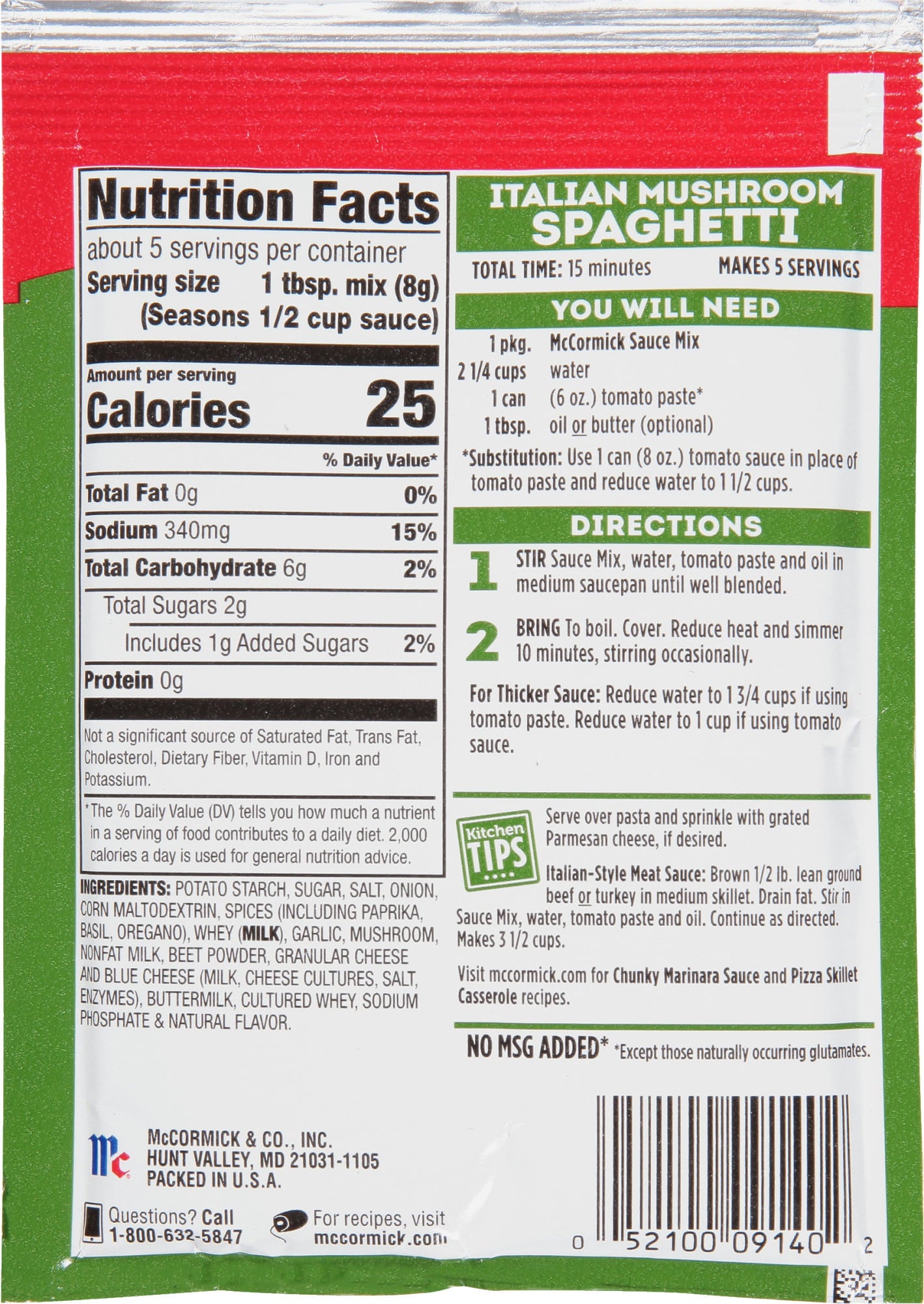 McCormick Italian Mushroom Spaghetti Sauce, 1.5 oz Mixed Spices & Seasonings