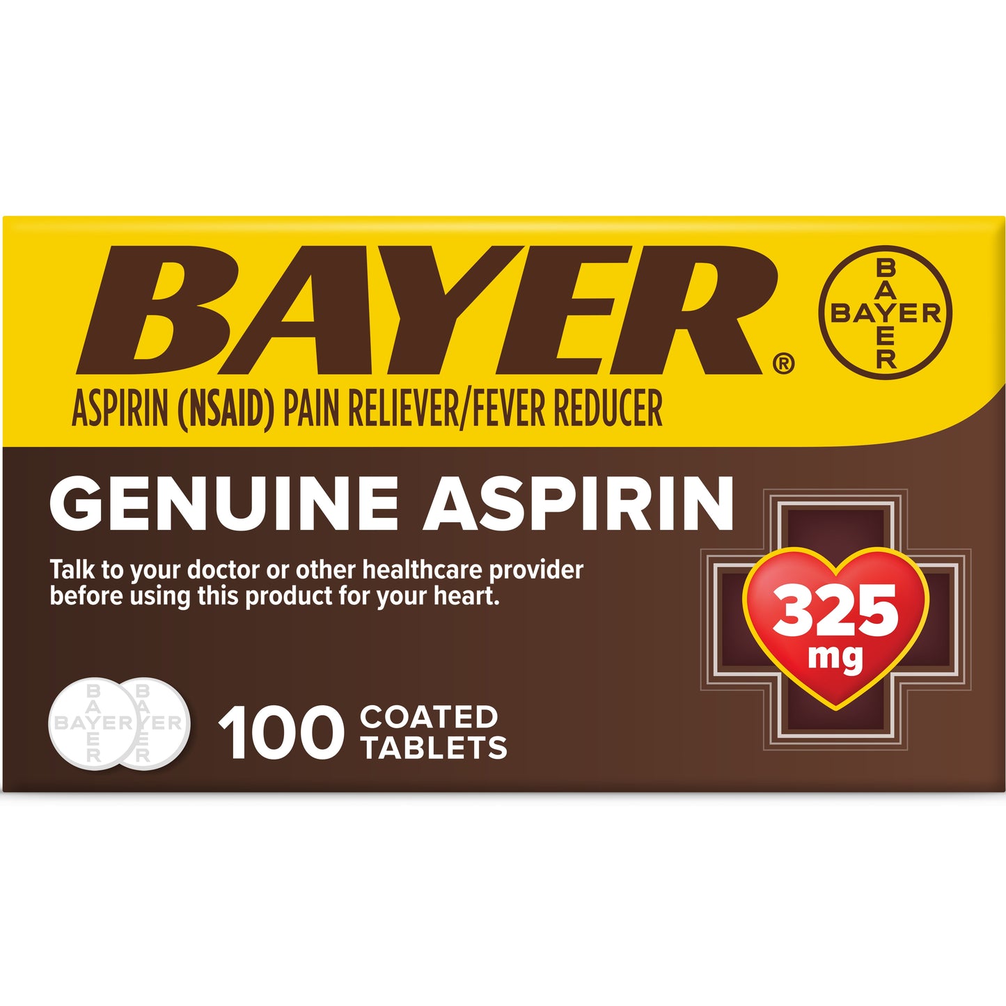 Genuine Bayer Aspirin Pain Reliever / Fever Reducer 325mg Coated Tablets, 100 Count