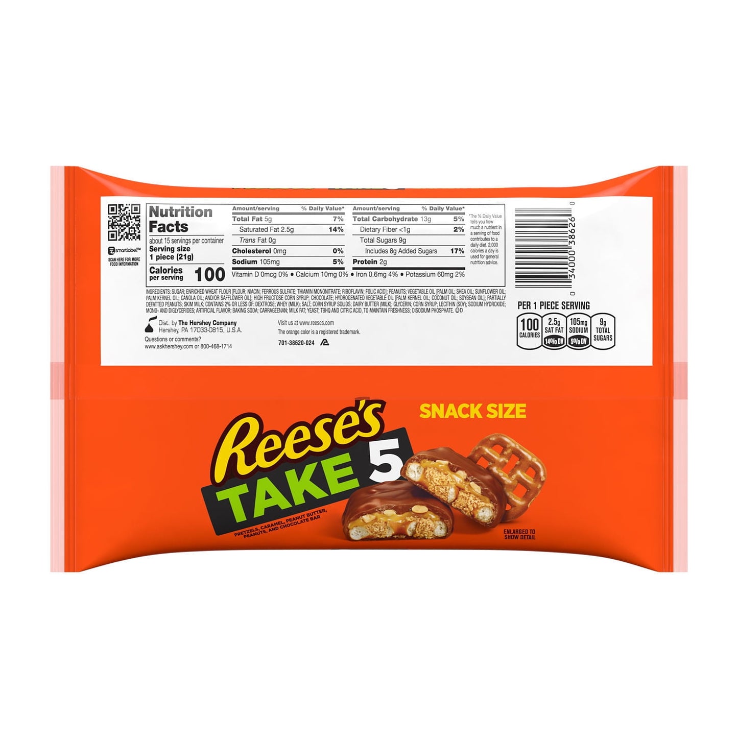 Reese's Take 5 Pretzel, Peanut and Chocolate Snack Size Candy, Bag 11.25 oz