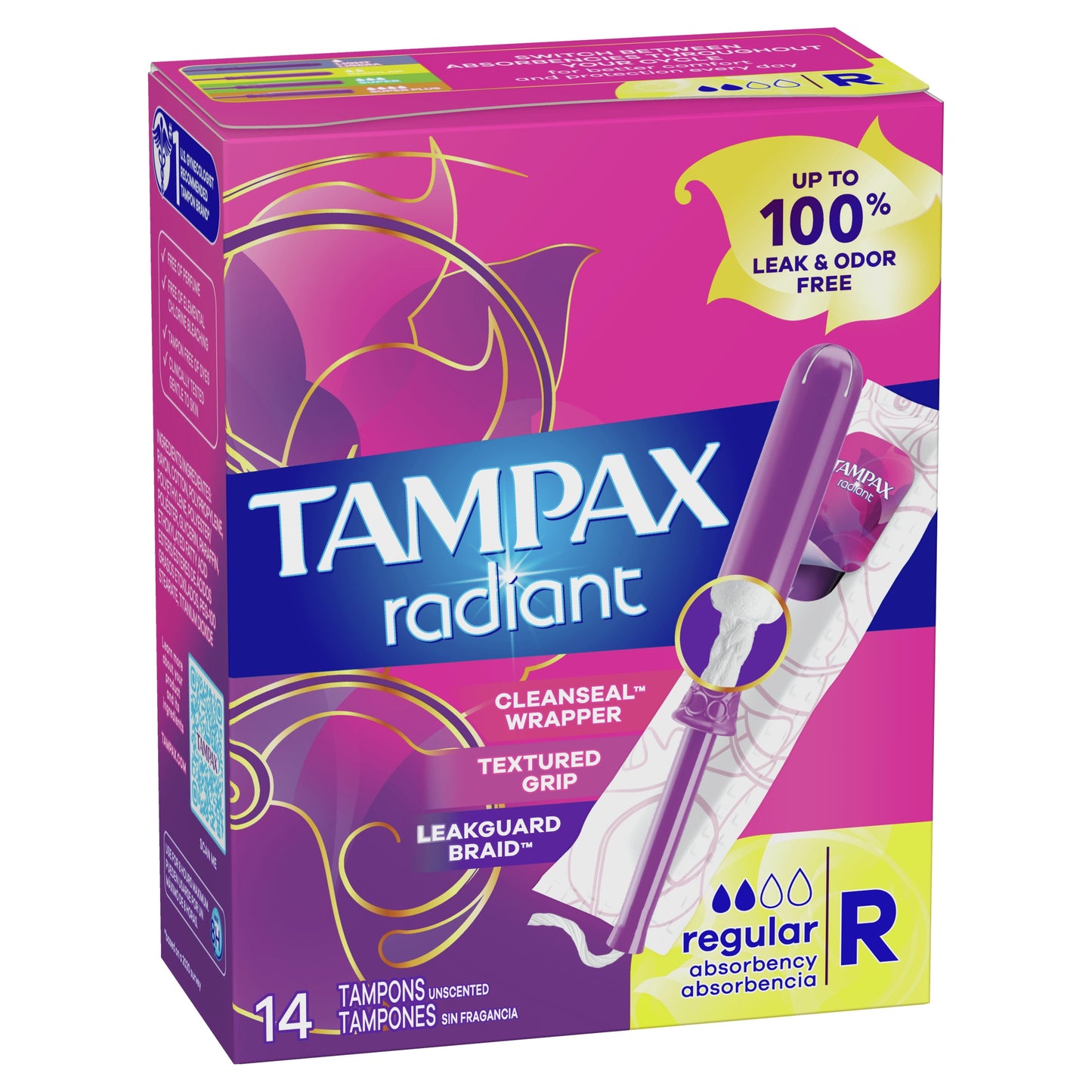 Tampax Radiant Tampons with LeakGuard Braid, Regular Absorbency, 14 Count