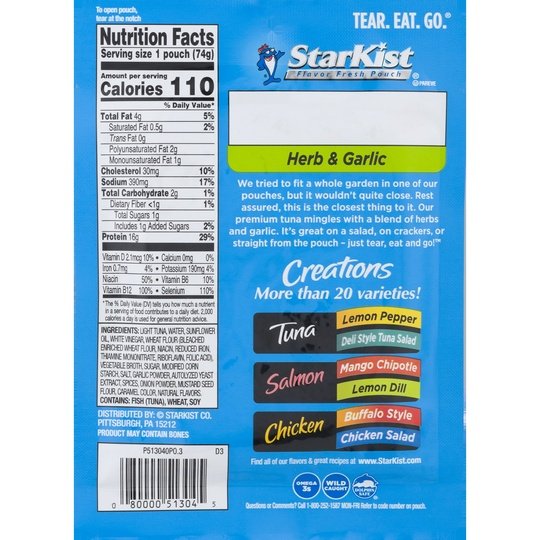 StarKist Tuna Creations, Herb and Garlic, 2.6 oz Pouch