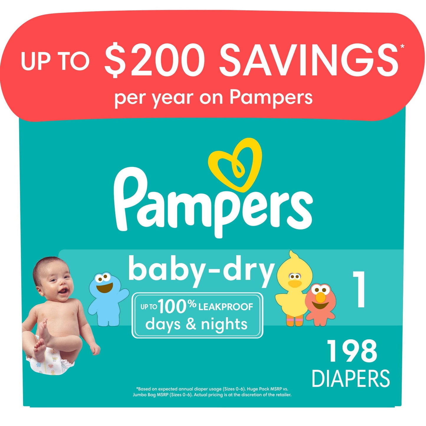 Pampers Baby Dry Diapers Size 1, 198 Count