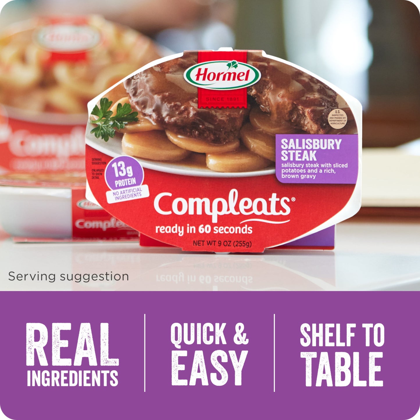 HORMEL COMPLEATS Salisbury Steak with Sliced Potatoes, Shelf Stable, 9 oz Plastic Tray