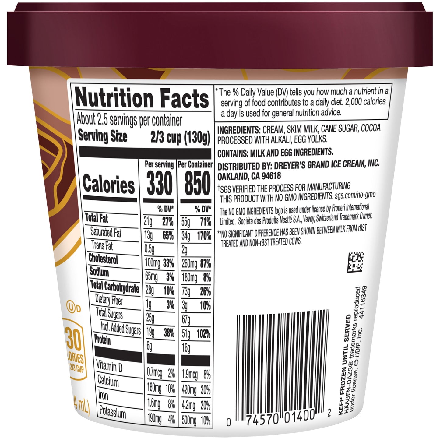 Haagen Dazs Chocolate Ice Cream, Gluten Free, Kosher, 1 Package, 14oz