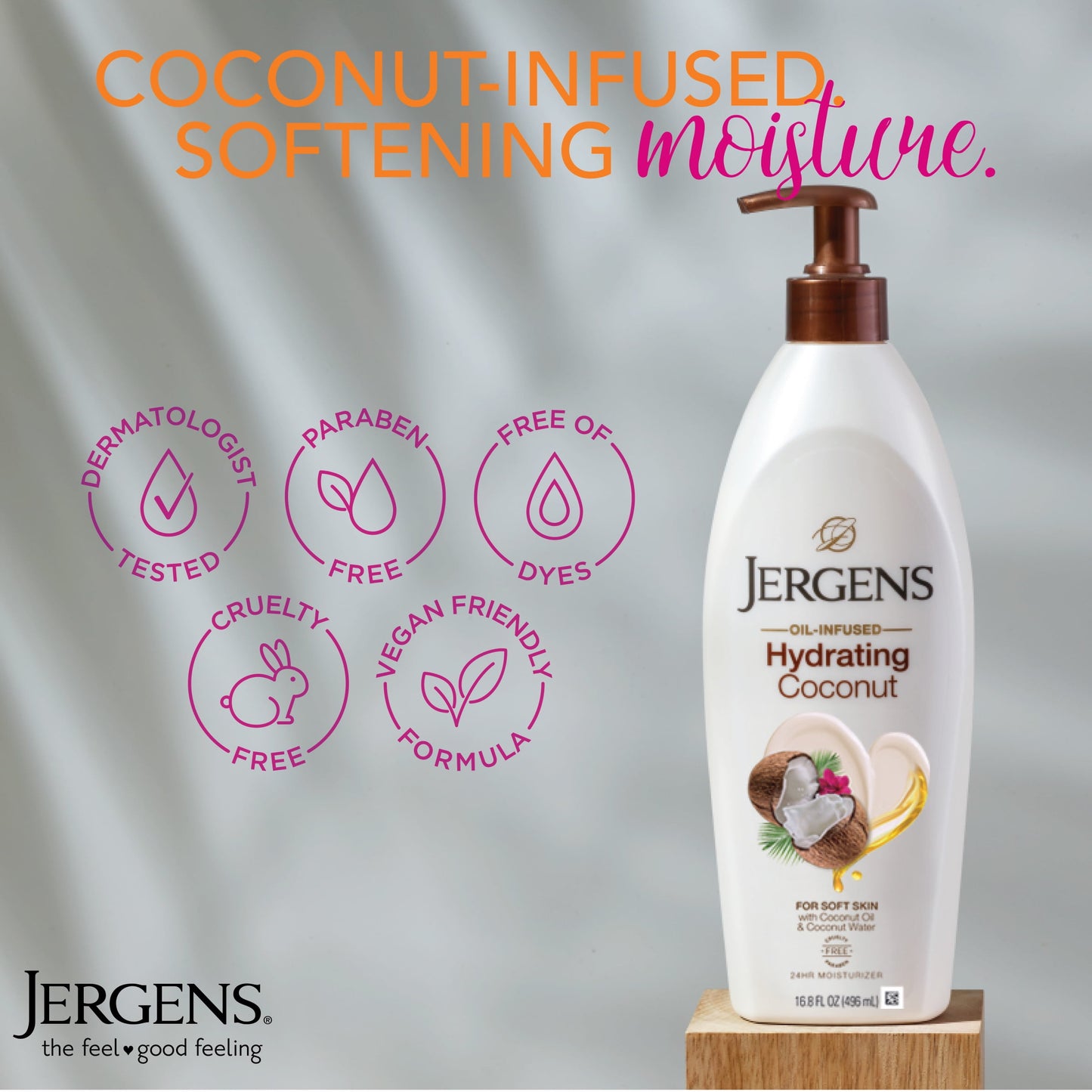 Jergens Hand and Body Lotion, Oil-Infused Coconut Moisturizer, Dermatologist Tested, 24hr Hydration, 16.8 oz