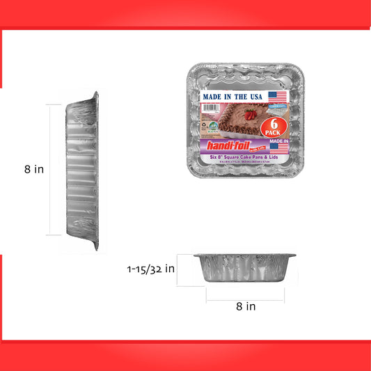 Handi-Foil Aluminum 8-inch Square Cake Pan with Lid 6ct, Dimensions 8" W x 8" L x 1.4" D