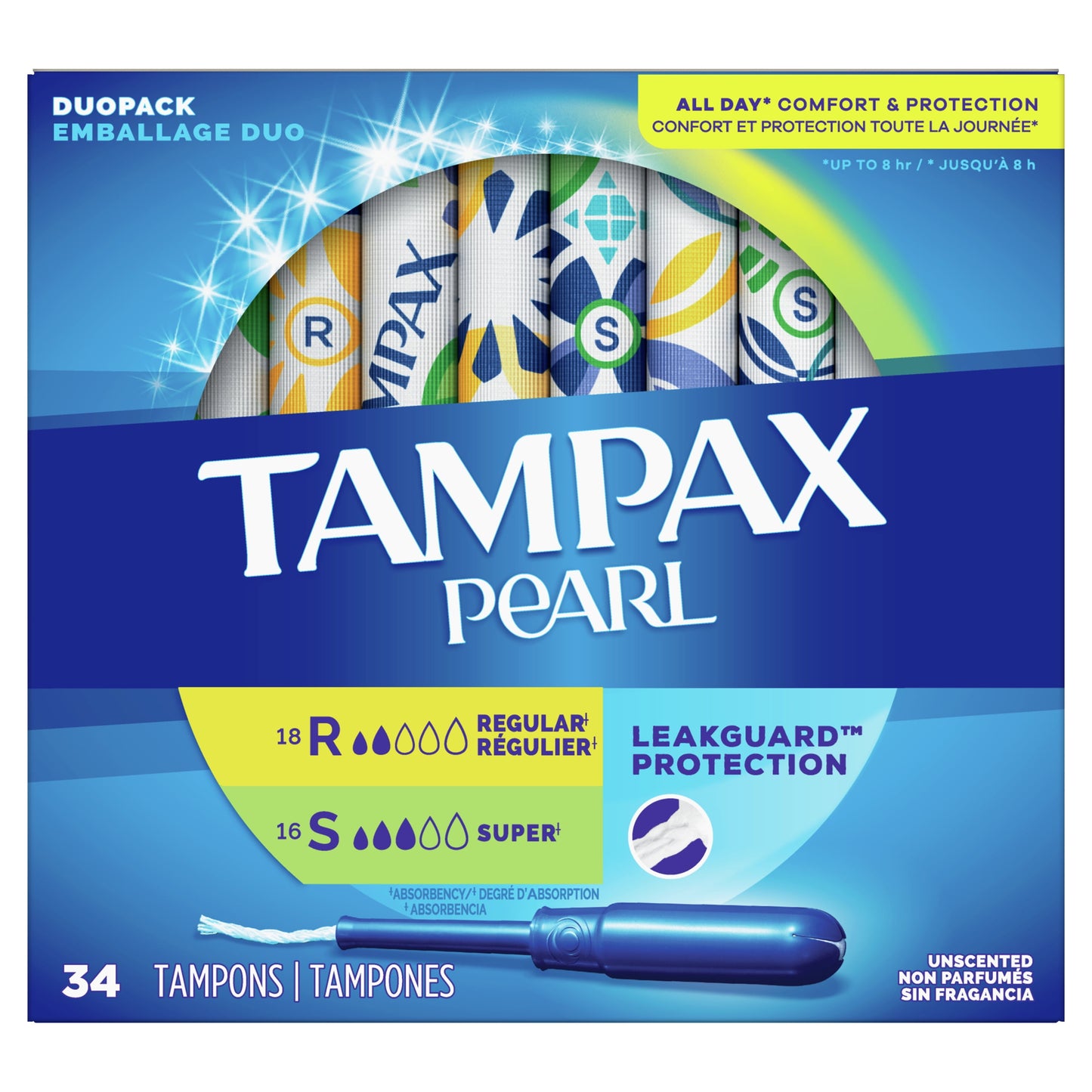 Tampax Pearl Tampons Duo Multipack with LeakGuard Braid, Regular/Super Absorbency, 34 Ct