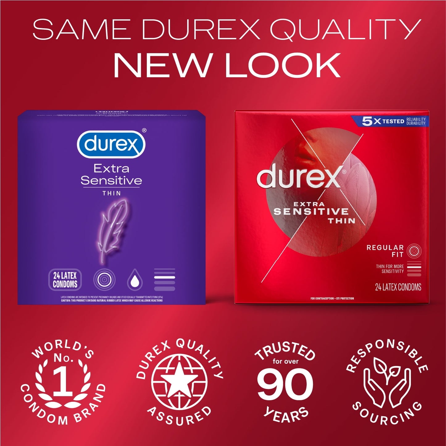 Durex Condom Extra Sensitive Natural Latex Condoms, 24 Count - Ultra Fine & Extra Lubricated, Regular Fit, FSA HSA Eligible