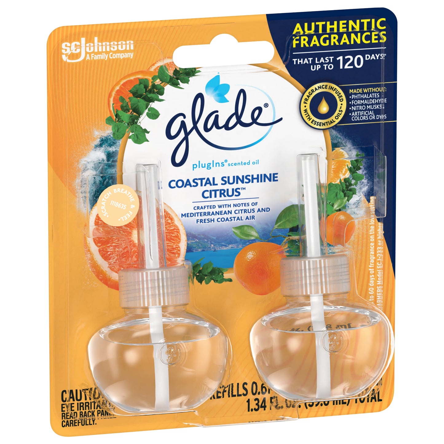 Glade PlugIns Scented Oil 2 Refills, Glade Plug in refills, Air Freshener, Coastal Sunshine Citrus™, 2 x 0.67 oz