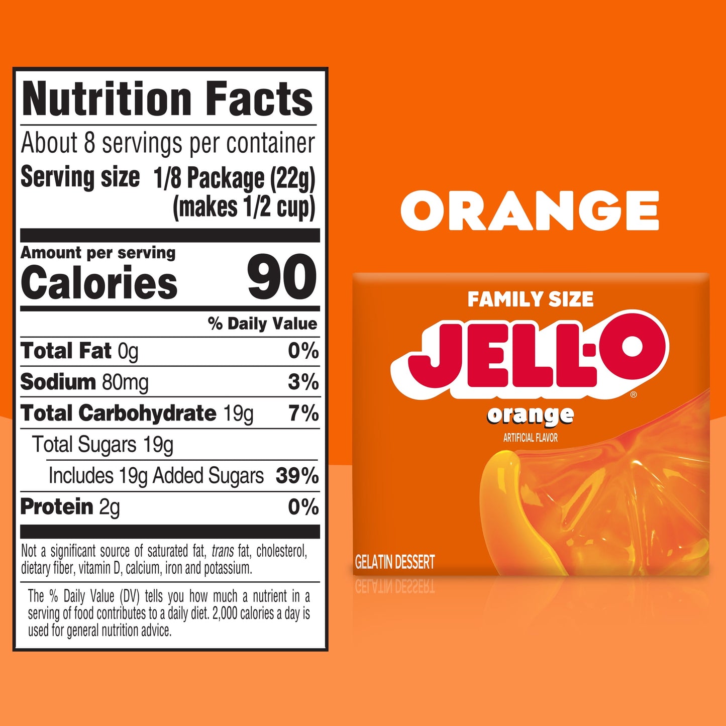 Jell-O Orange Artificially Flavored Gelatin Dessert Mix, Family Size, 6 oz Box