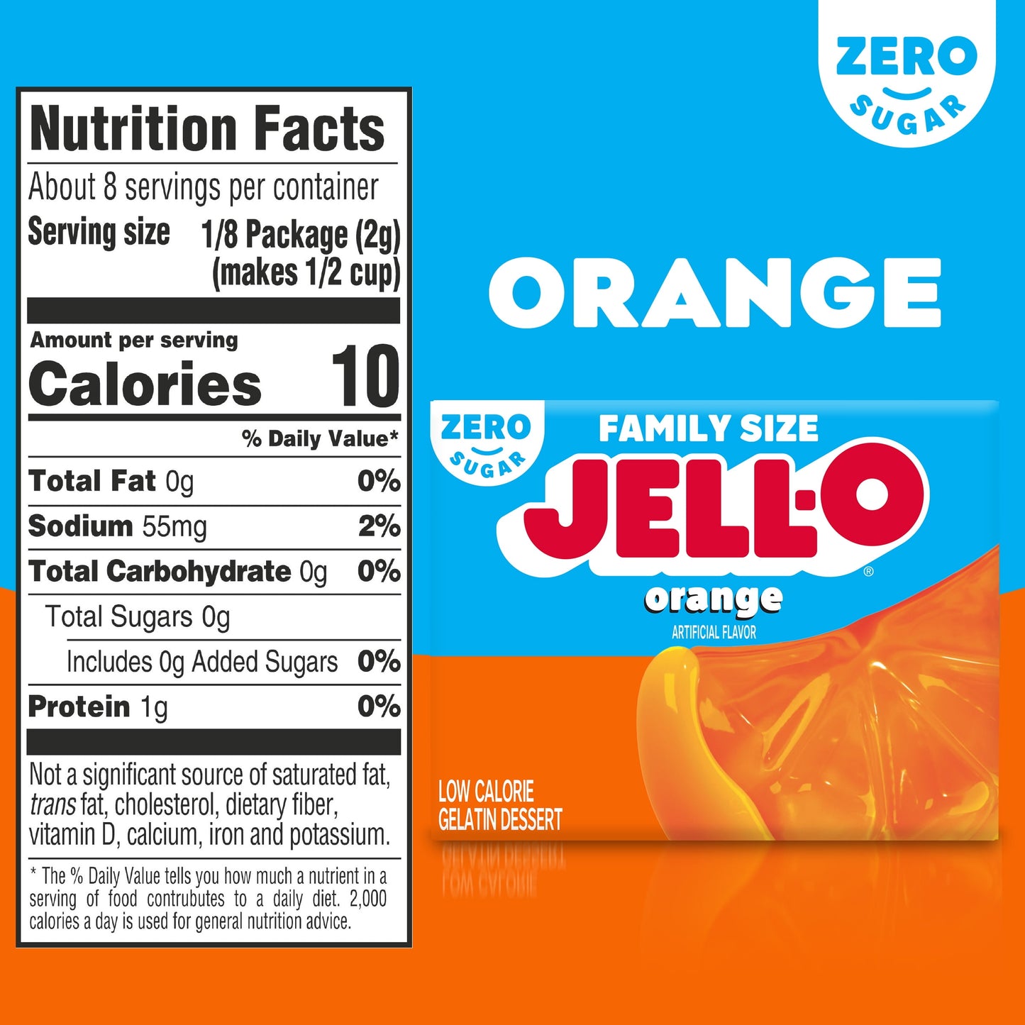 Jell-O Orange Artificially Flavored Zero Sugar Low Calorie Gelatin Dessert Mix, Family Size, 0.6 oz Box