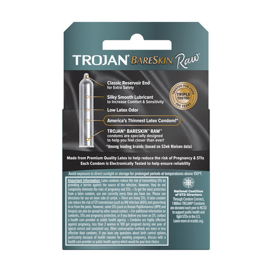 Trojan Bareskin Raw Condoms, Thin Condoms, 3 Count Lubricated Condoms