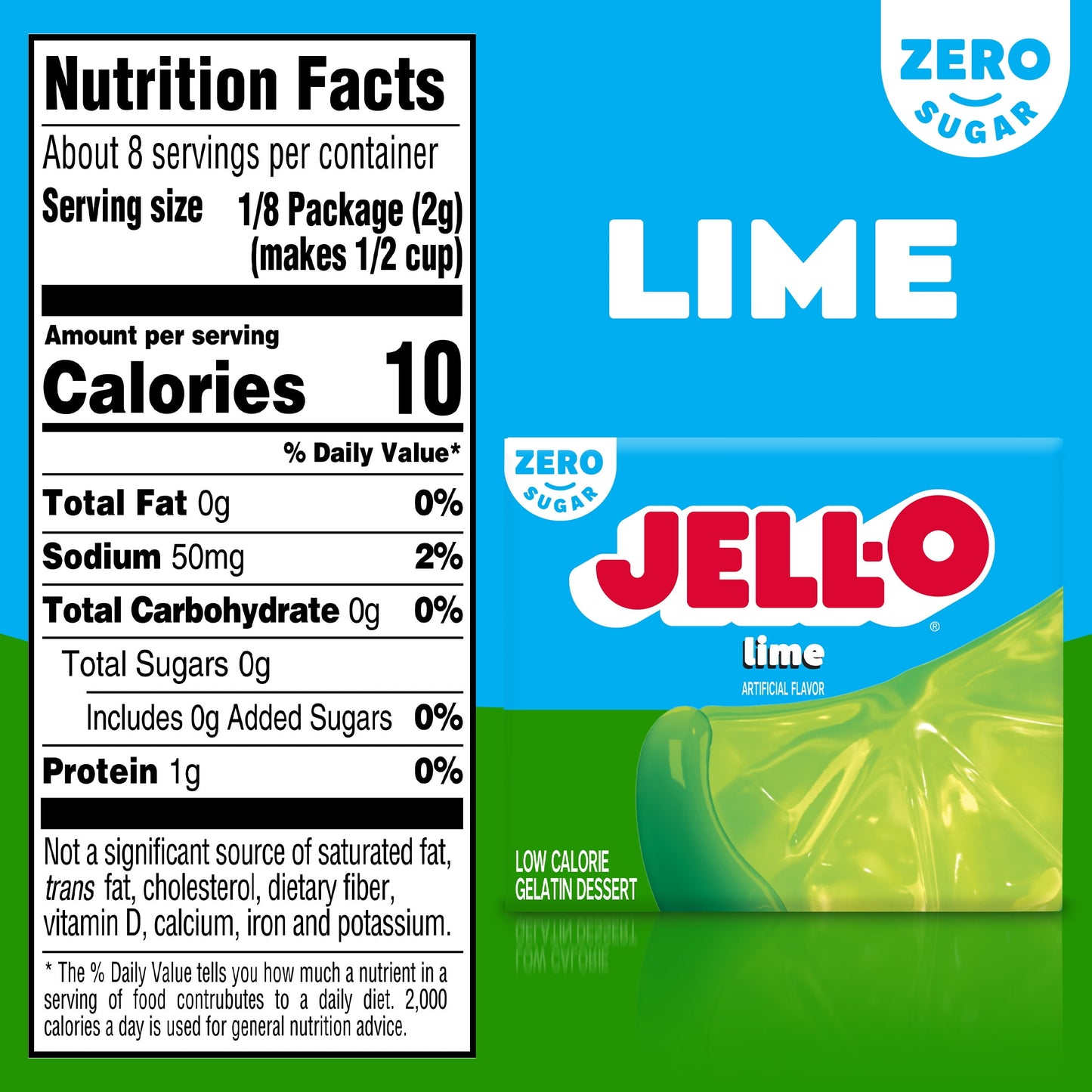 Jell-O Lime Artificially Flavored Zero Sugar Low Calorie Gelatin Dessert Mix, Family Size, 0.6 oz Box