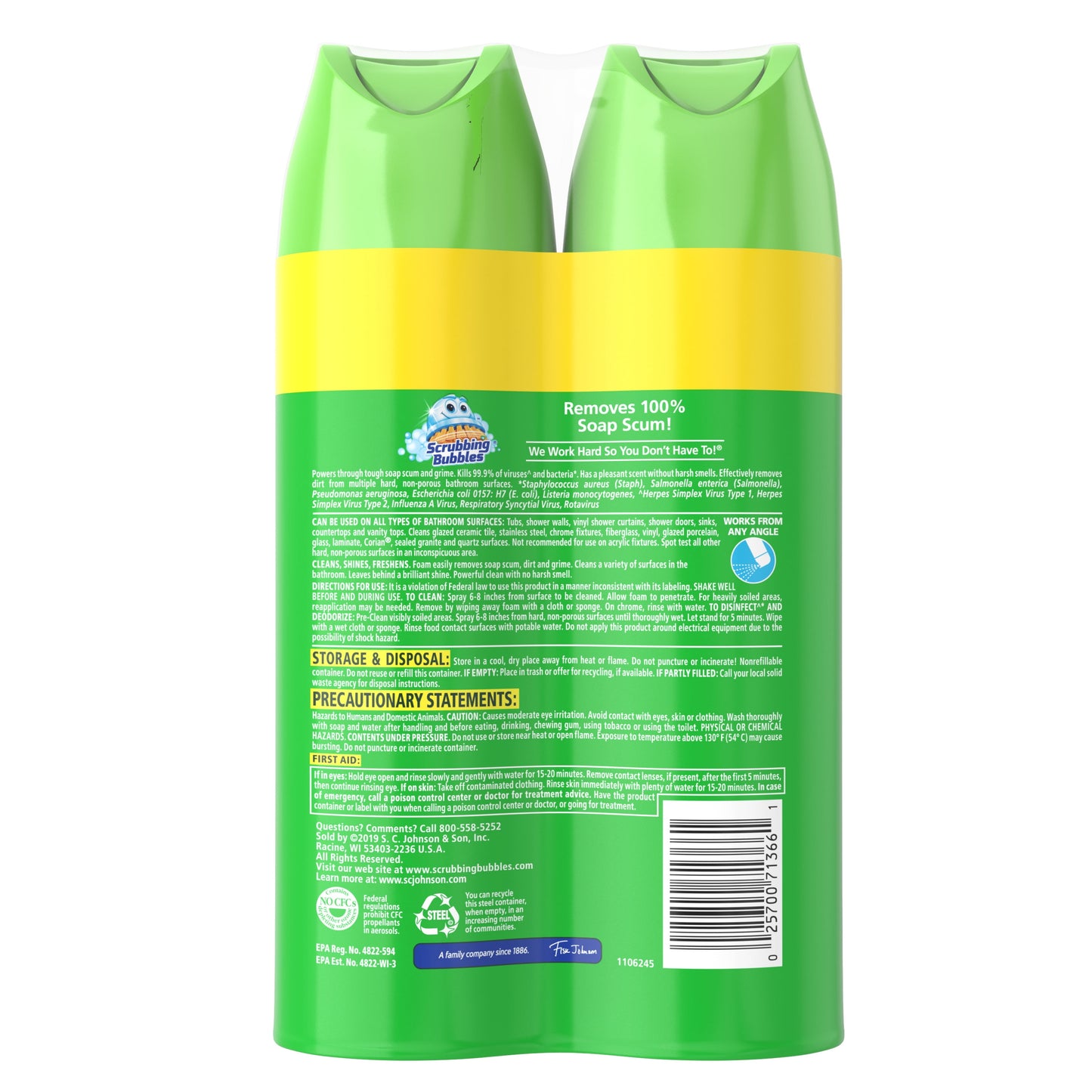 Scrubbing Bubbles Bathroom Grime Fighter Aerosol, Disinfectant Spray; Effective Tile, Bathtub, Shower and Overall Bathroom Cleaner (1 Aerosol Spray), Citrus, 20 Oz (Pack of 2)