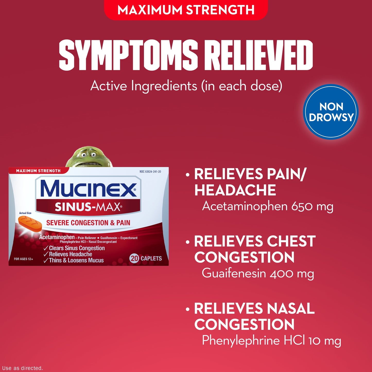 Maximum Strength Mucinex Sinus-Max Severe Congestion & Pain, Sinus Symptom Relief, Pain Reliever, Expectorant and Nasal Decongestant, 20 Caplets