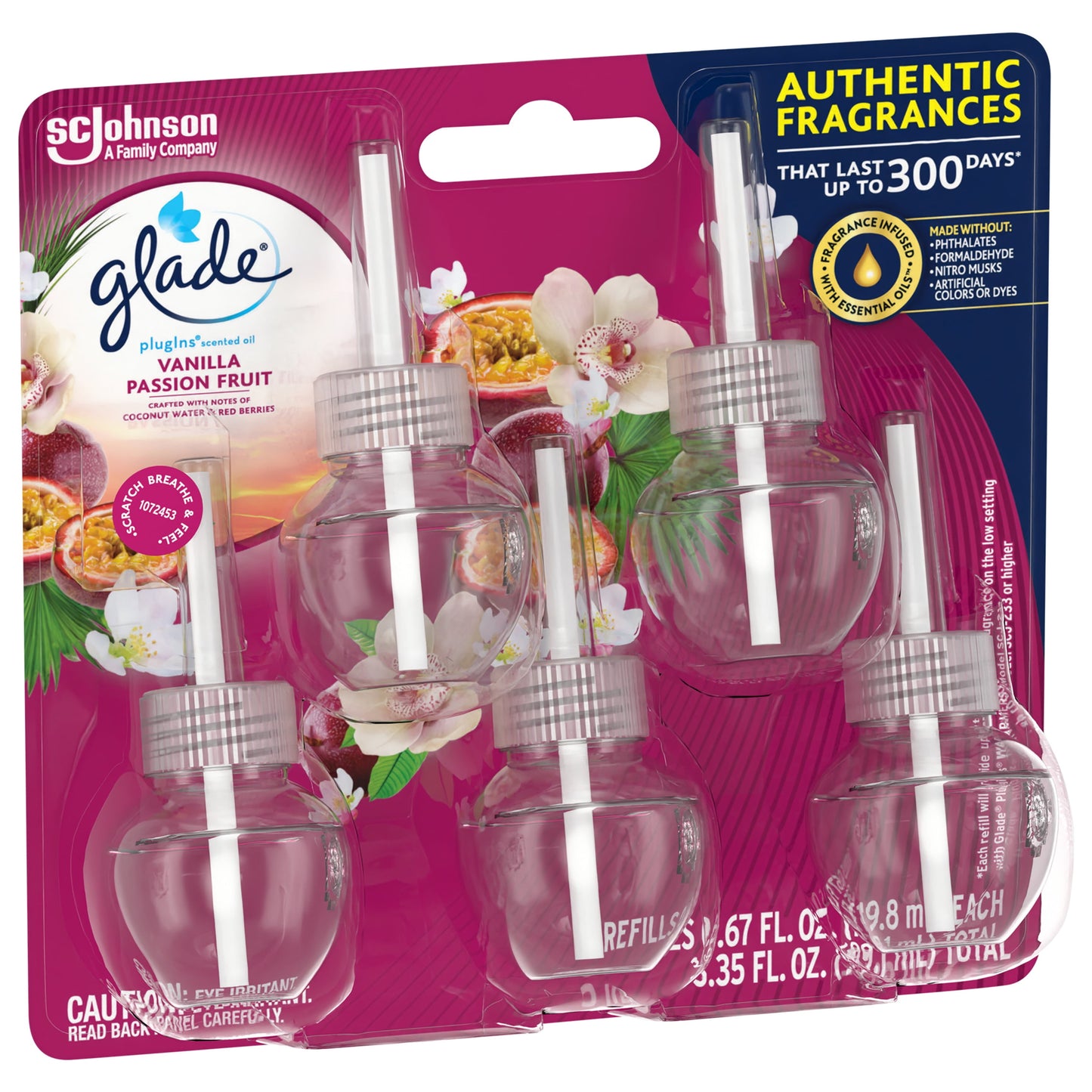 Glade PlugIns Refill 5 ct, Vanilla Passion Fruit, 3.35 FL. oz. Total, Scented Oil Air Freshener Infused with Essential Oils