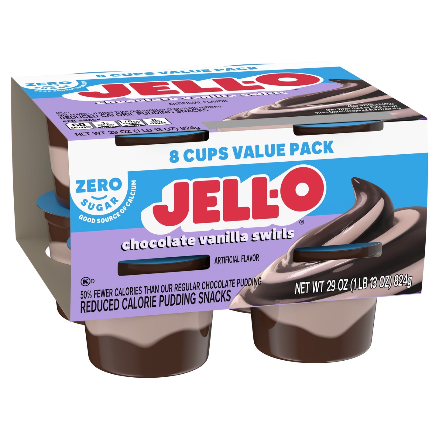 Jell-O Chocolate Vanilla Swirls Sugar Free Pudding Cups Snack Value Pack, 8 Ct Cups