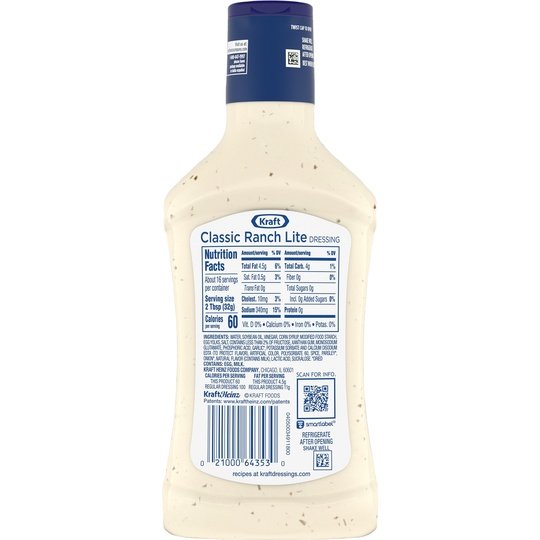 Kraft Classic Ranch Lite Salad Dressing, 16 fl oz Bottle