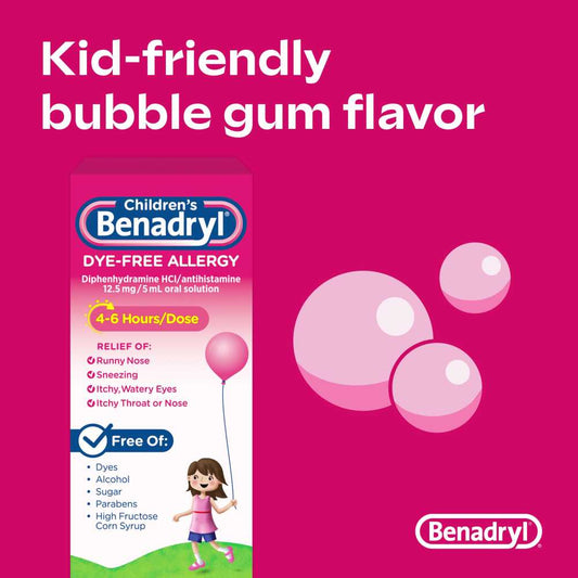Children's Benadryl Dye-Free Allergy Liquid, Bubble Gum, 8 fl. oz
