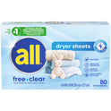 all Fabric Softener Dryer Sheets for Sensitive Skin, Free Clear, 80 Count