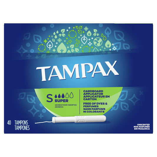 Tampax Cardboard Tampons Super Absorbency, Anti-Slip Grip, LeakGuard Skirt, Unscented, 40 Count