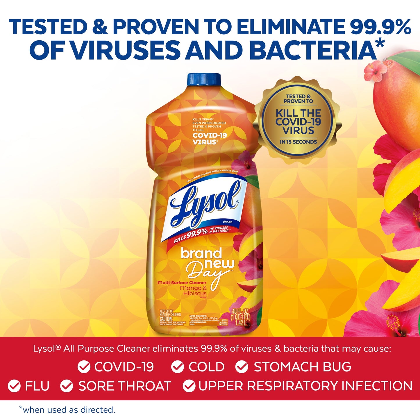 Lysol Multi-Surface Cleaner, Sanitizing and Disinfecting Pour, to Clean and Deodorize, Mango & Hibiscus, 40 Fl Oz