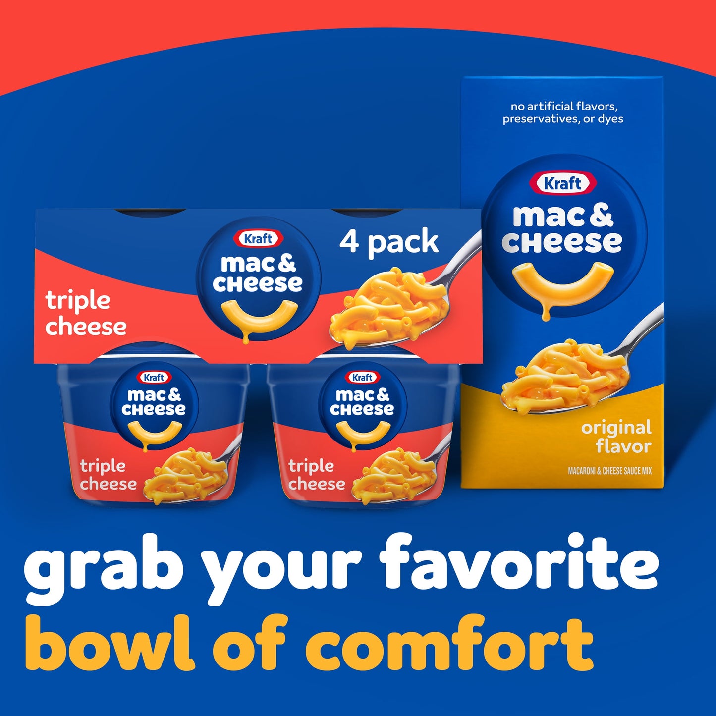 Kraft Triple Cheese Mac N Cheese Macaroni and Cheese Cups Easy Microwavable Dinner, 4 ct Pack, 2.05 oz Cups