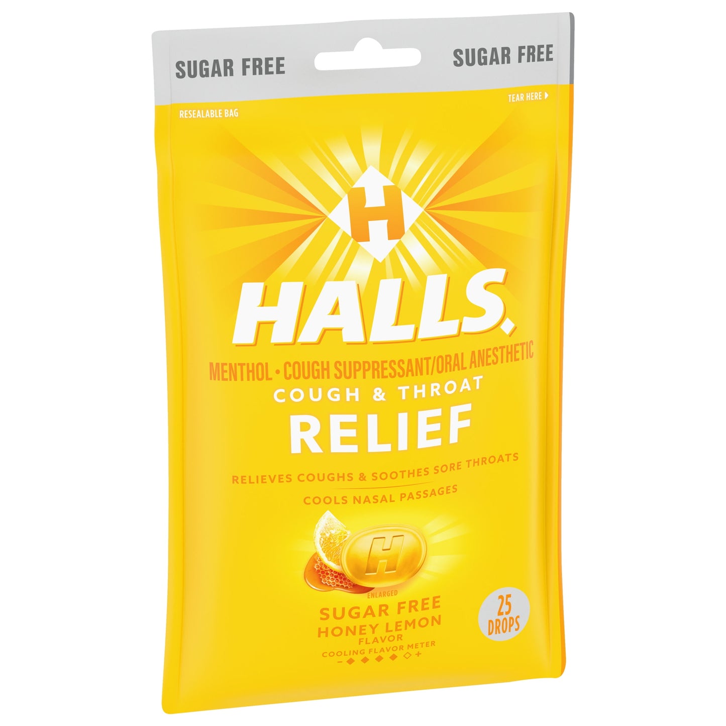 HALLS Relief Honey Lemon Sugar Free Cough Drops, 25 Drops