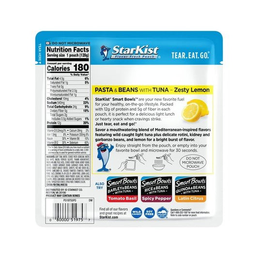 StarKist Smart Bowls Tuna, Pasta and Beans, Zesty Lemon, 4.5 oz Pouch