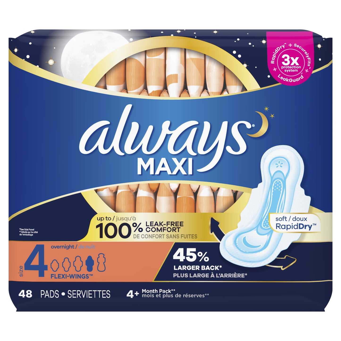 Always Maxi Overnight Pads with Wings, Size 4, Overnight Absorbency, 48 CT