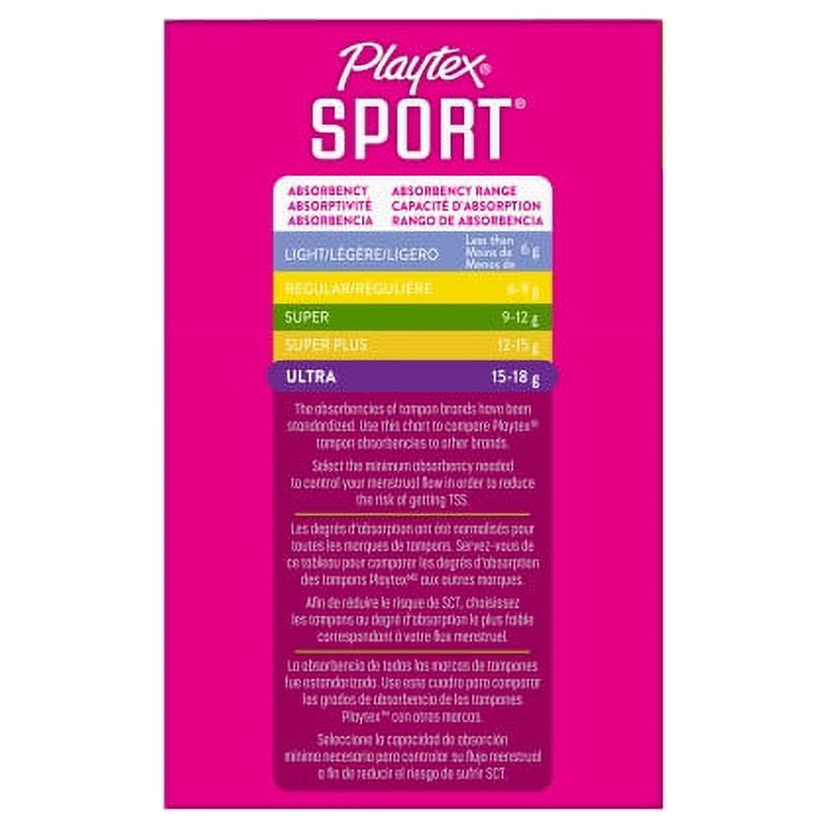 Playtex Sport Ultra Plastic Applicator Unscented Tampons, 36 Ct, 360 Degree Sport Level Period Protection, Traps Leaks, No-Slip Grip Applicator, Moves With You