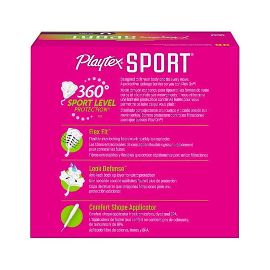 Playtex Sport Ultra Plastic Applicator Unscented Tampons, 36 Ct, 360 Degree Sport Level Period Protection, Traps Leaks, No-Slip Grip Applicator, Moves With You