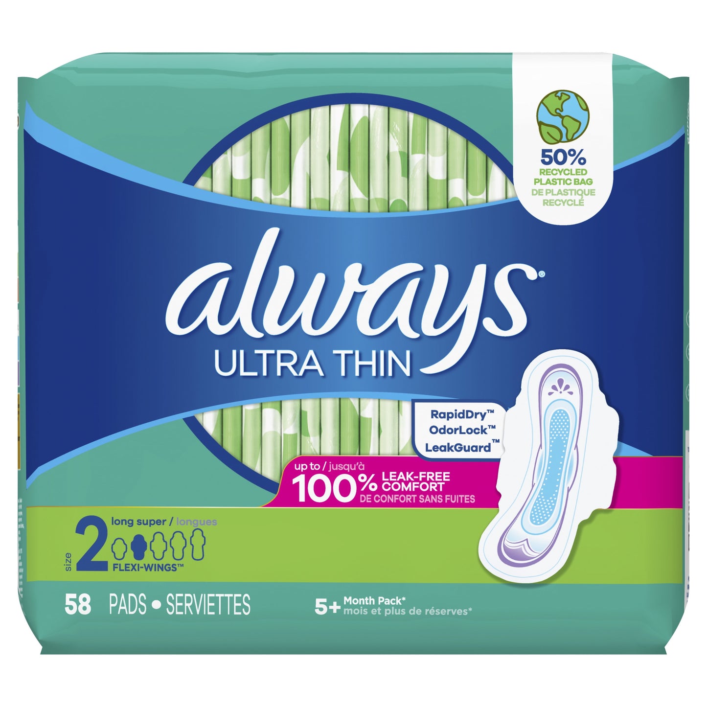 Always Ultra Thin Pads with Wings, Size 2, Long Super Absorbency, 58 CT