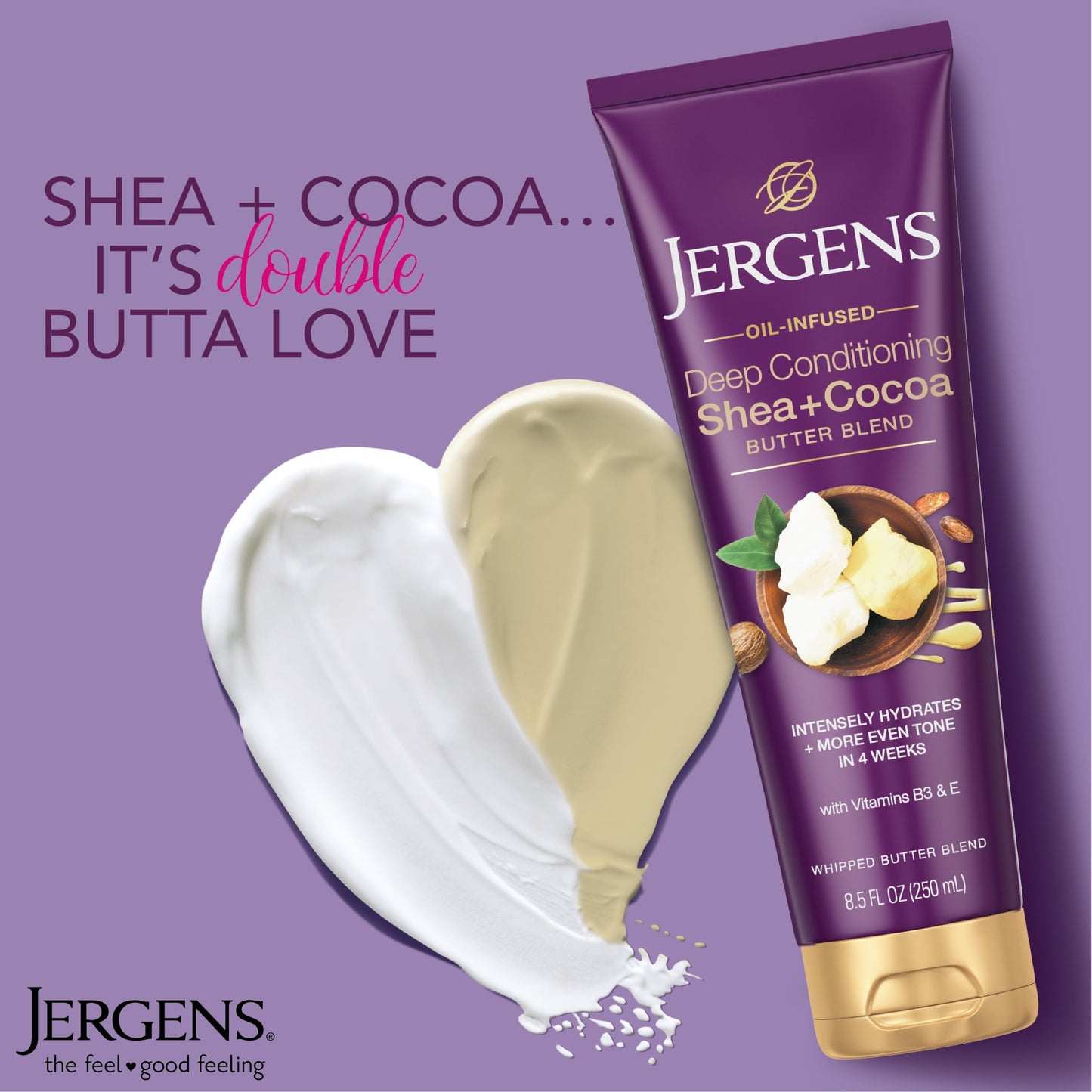 Jergens Hand and Body Lotion, Shea + Cocoa Butter Body Lotion for Dry Skin, Deep Conditioning Moisturizer, with Vitamins E & B3, 8.5 oz