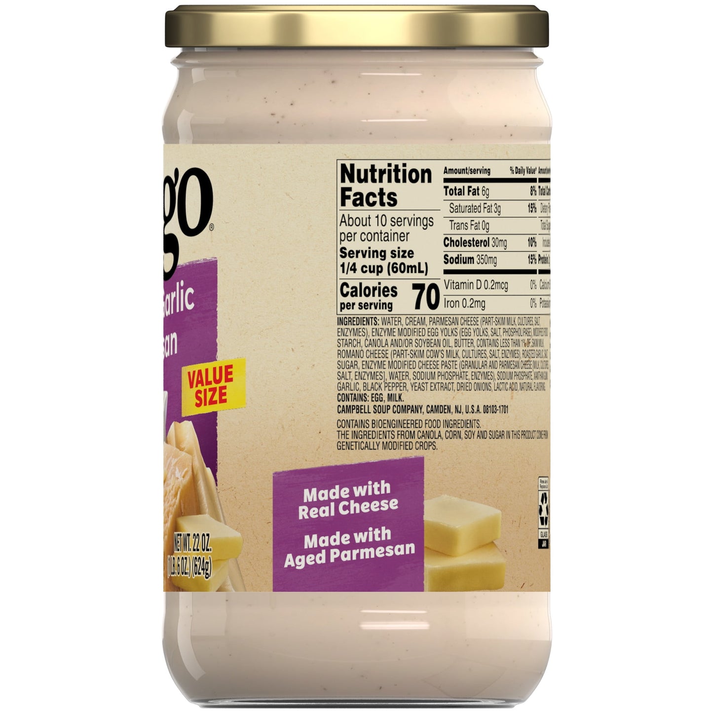 Prego Alfredo Sauce with Roasted Garlic and Parmesan Cheese, 22 oz Jar