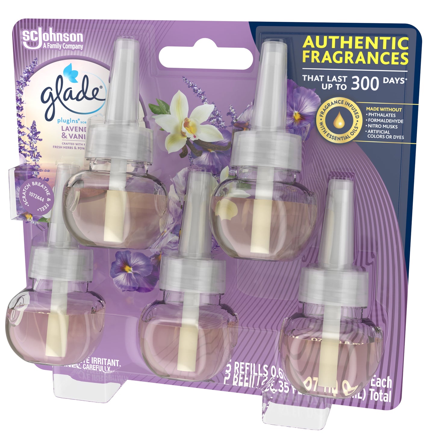 Glade PlugIns Refill 5 ct, Lavender & Vanilla, 3.35 FL. oz. Total, Scented Oil Air Freshener Infused with Essential Oils