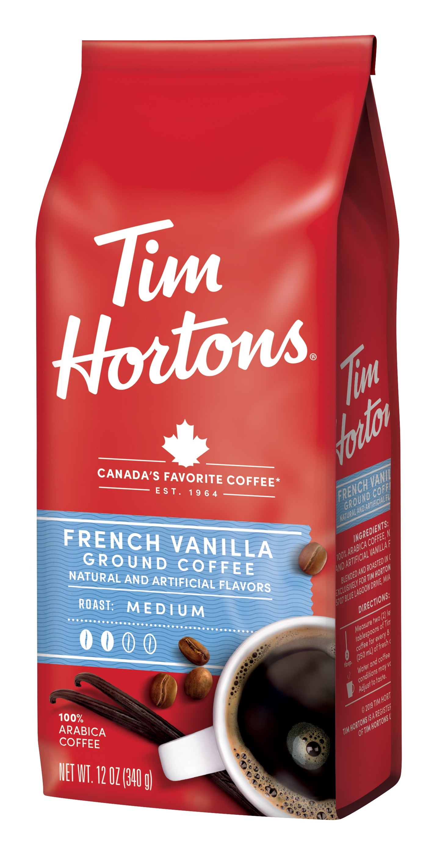 Tim Hortons French Vanilla Flavored Coffee, Medium Roast Ground Arabica, 12 oz Bag