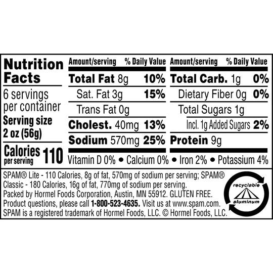 SPAM Lite, 9 g of protein per serving, 12 oz Aluminum Can