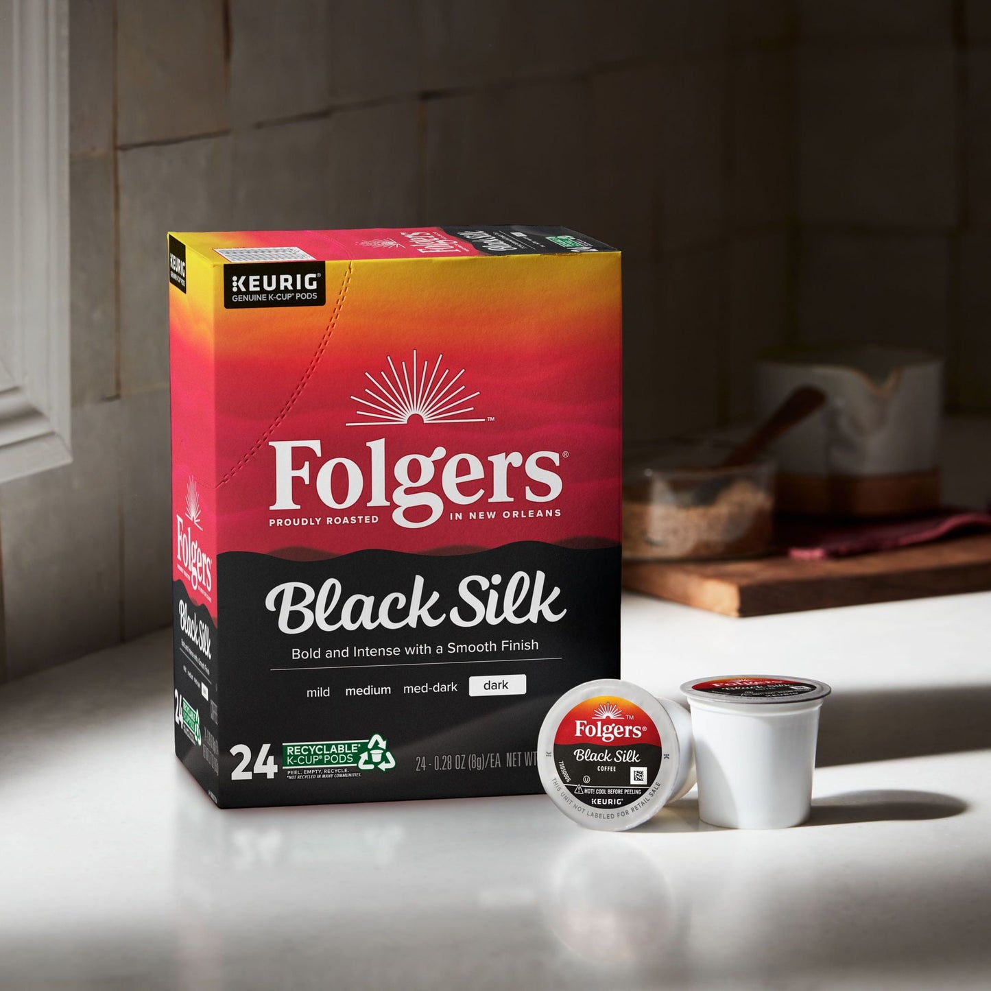 Folgers Black Silk, Dark Roast Coffee, Keurig K-Cup Pods, 24 Count Box