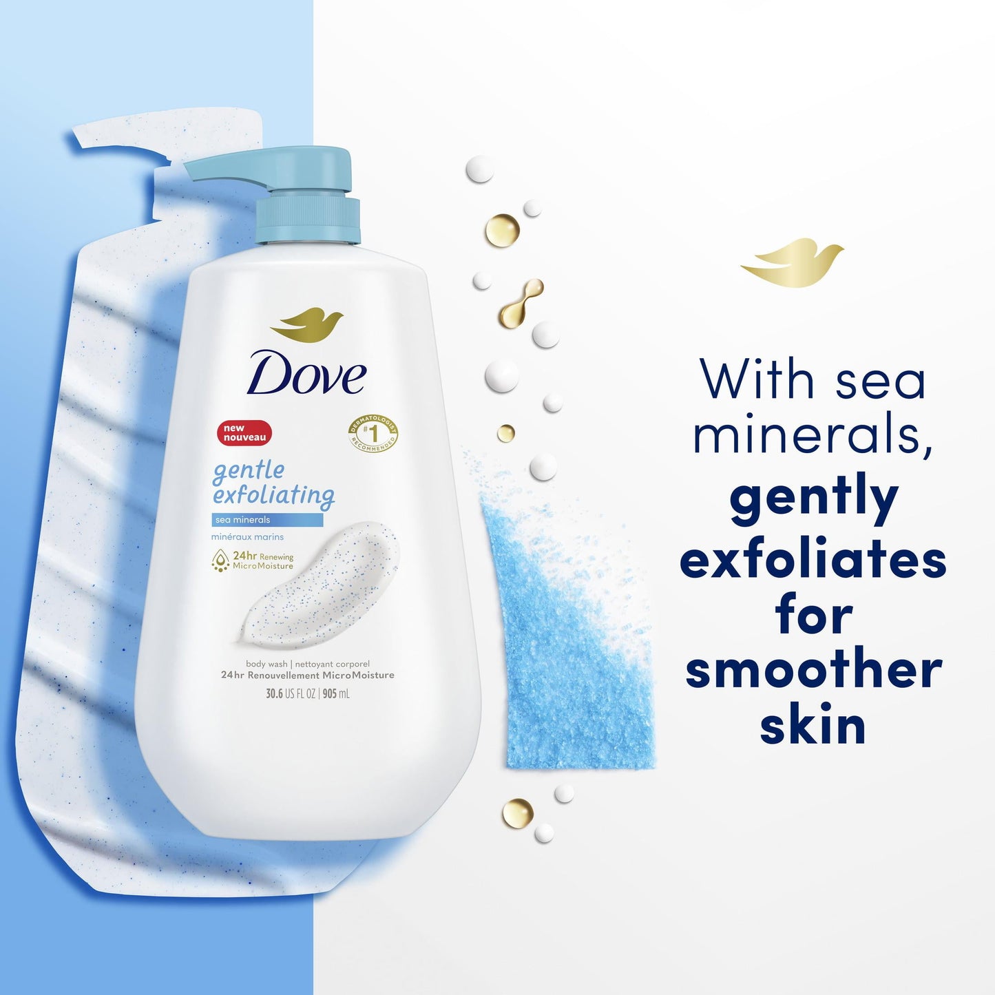 Dove Gentle Exfoliating Long Lasting Body Wash, Sea Minerals, 30.6 fl oz