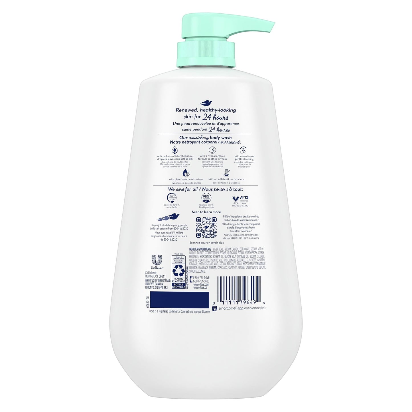 Dove Sensitive Skin Long Lasting Gentle Hypoallergenic Body Wash, 30.6 fl oz