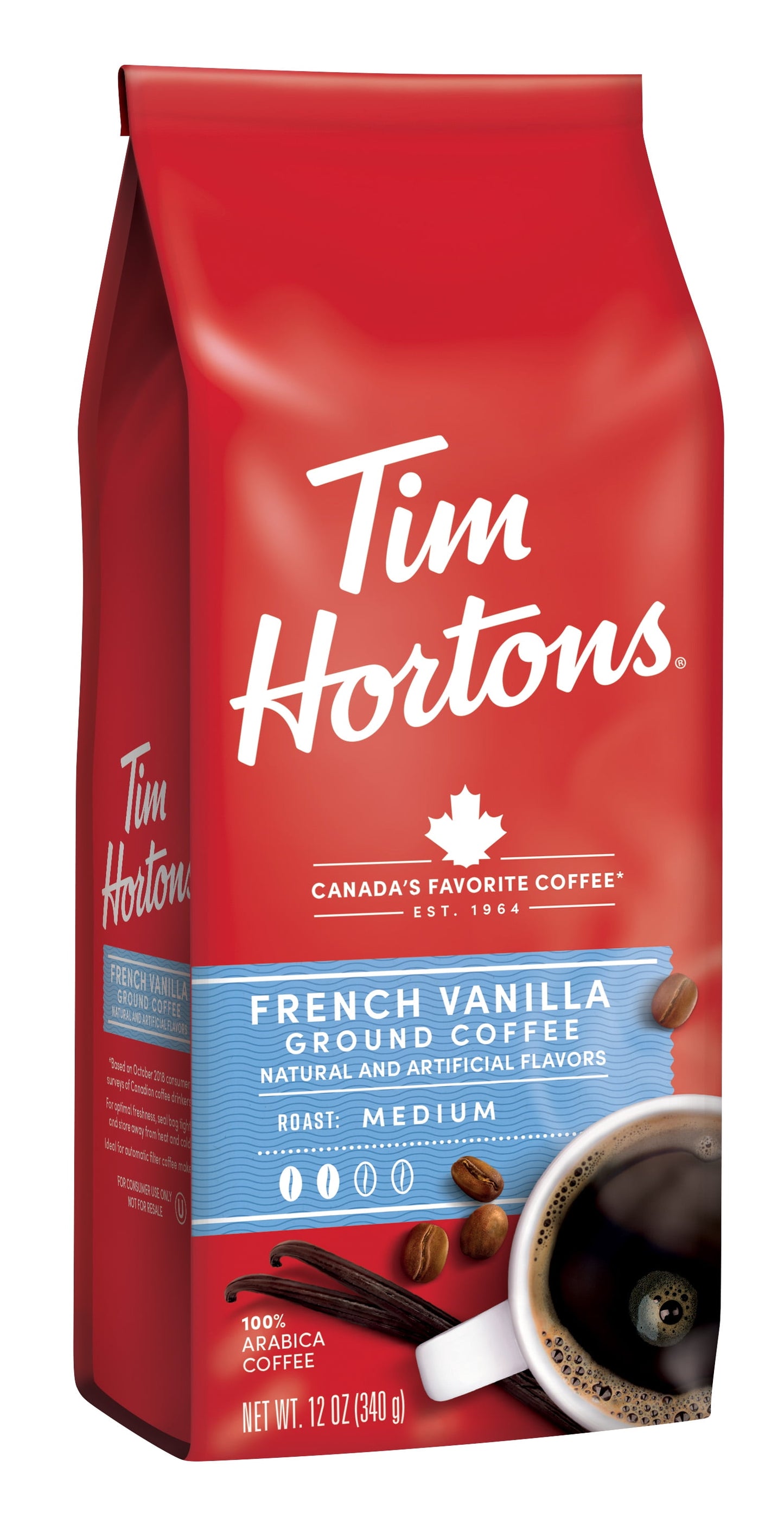 Tim Hortons French Vanilla Flavored Coffee, Medium Roast Ground Arabica, 12 oz Bag